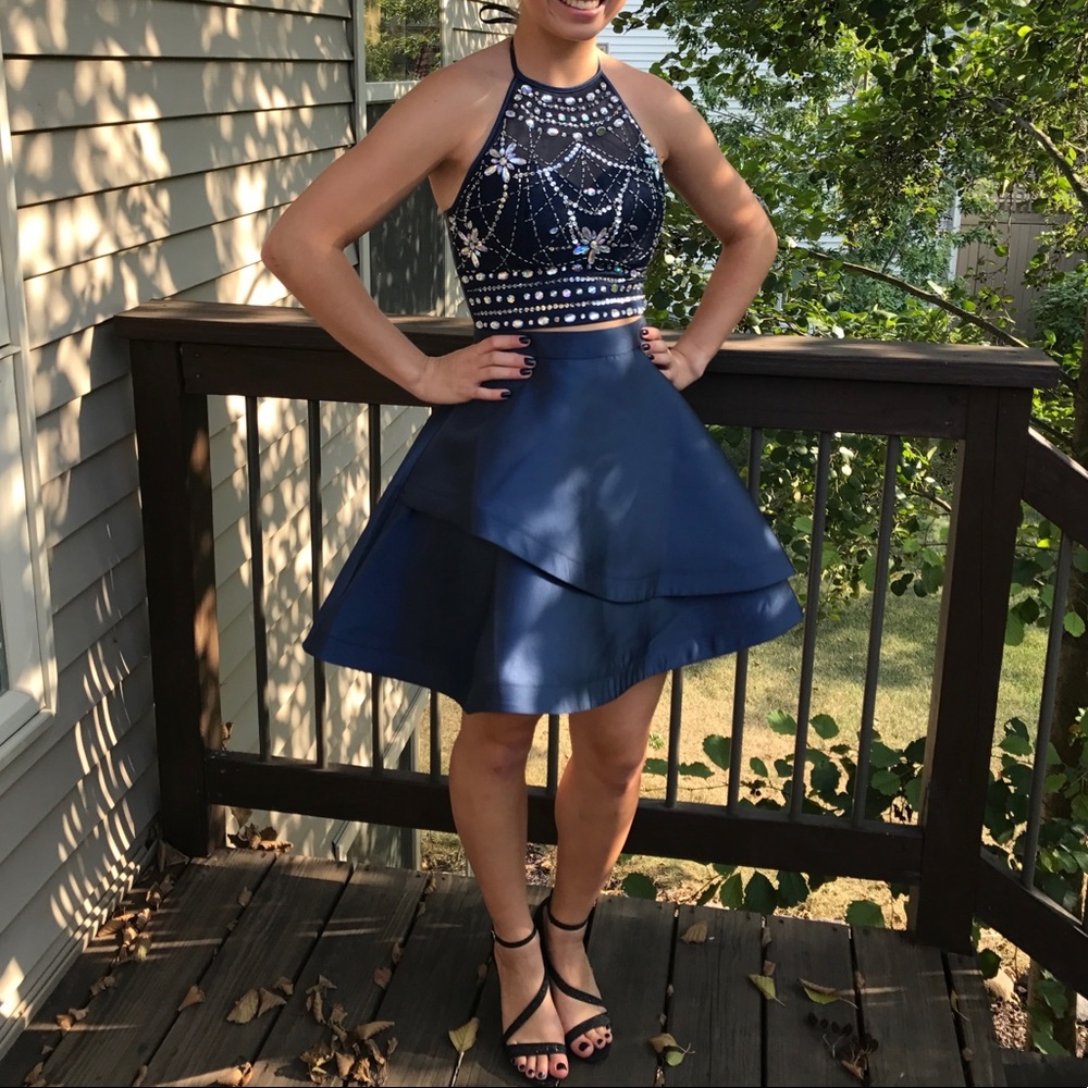 Short Navy Two Piece Homecoming Dress